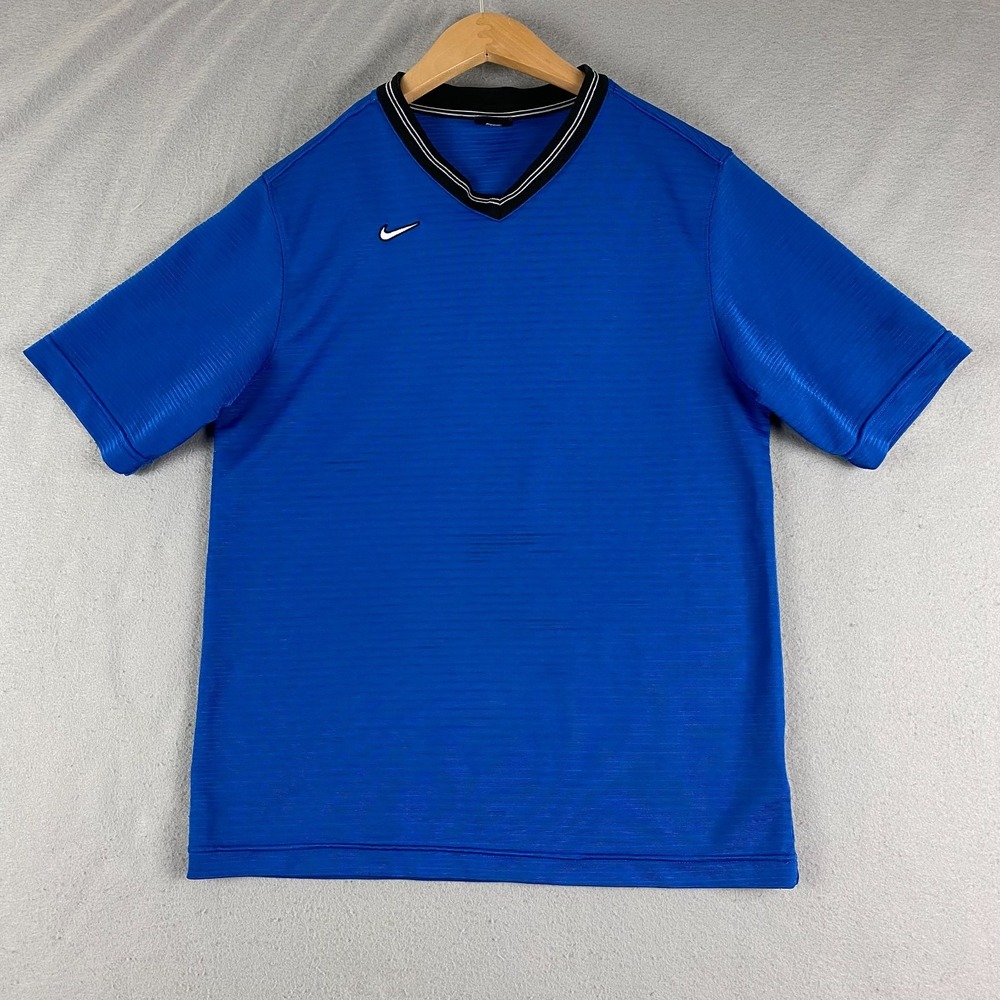 Nike Jersey Mens small Blue V Neck Soccer Shirt 90s Vintage short sleeve